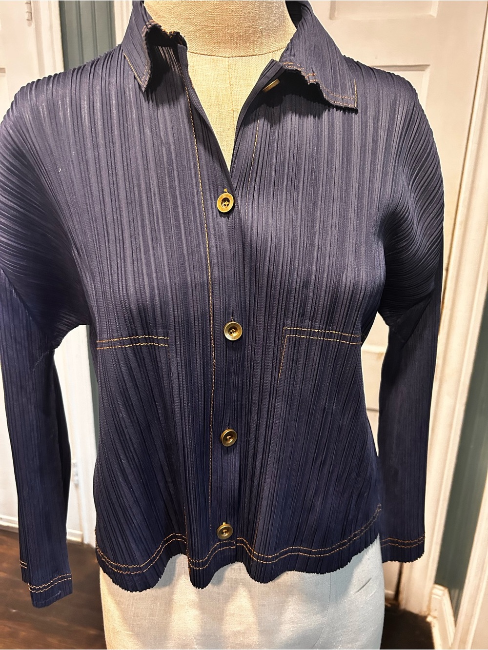 Women's Navy Pleated Button-Front Blouse with Contrast Stitching